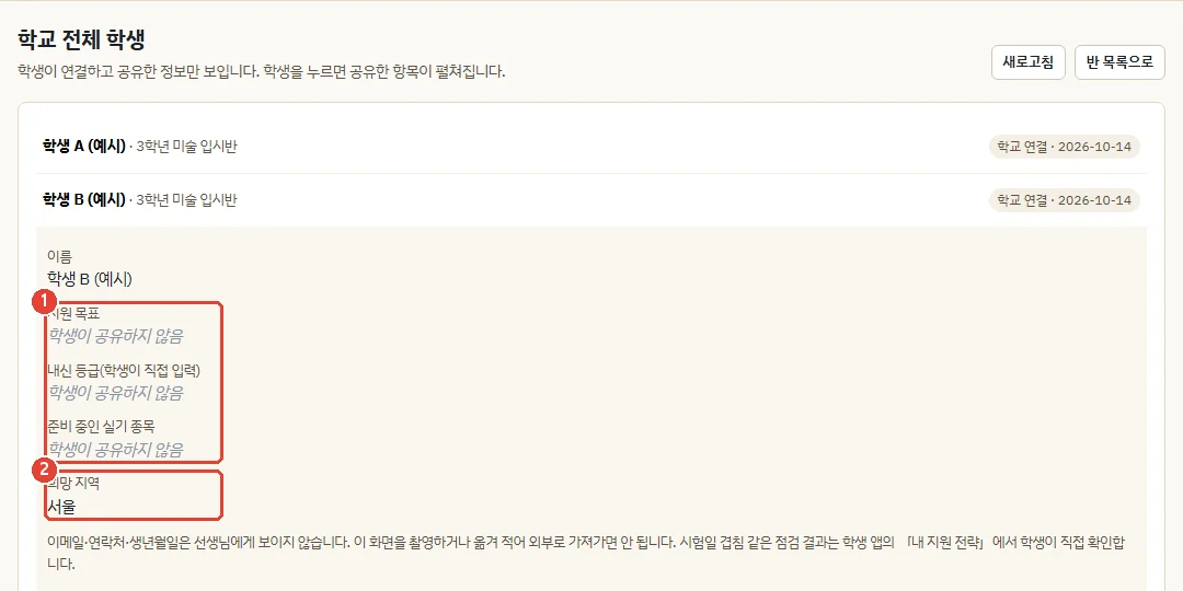 학생 한 명을 펼친 화면. 지원 목표·내신 등급·실기 종목은 학생이 공유하지 않음으로 표시되고 희망 지역만 보임